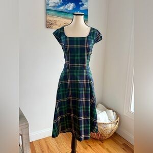 Green and Navy Plaid Fit-and-Flare Dress